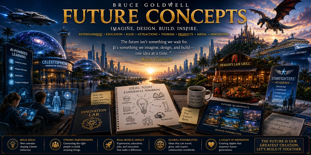 Bruce Goldwell Future Concepts showing innovation, future education, immersive attractions, AI learning, entertainment, tourism, food concepts, and licensing opportunities