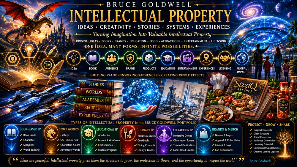 Bruce Goldwell intellectual property showing ideas becoming books, brands, products, education, entertainment, and licensing opportunities