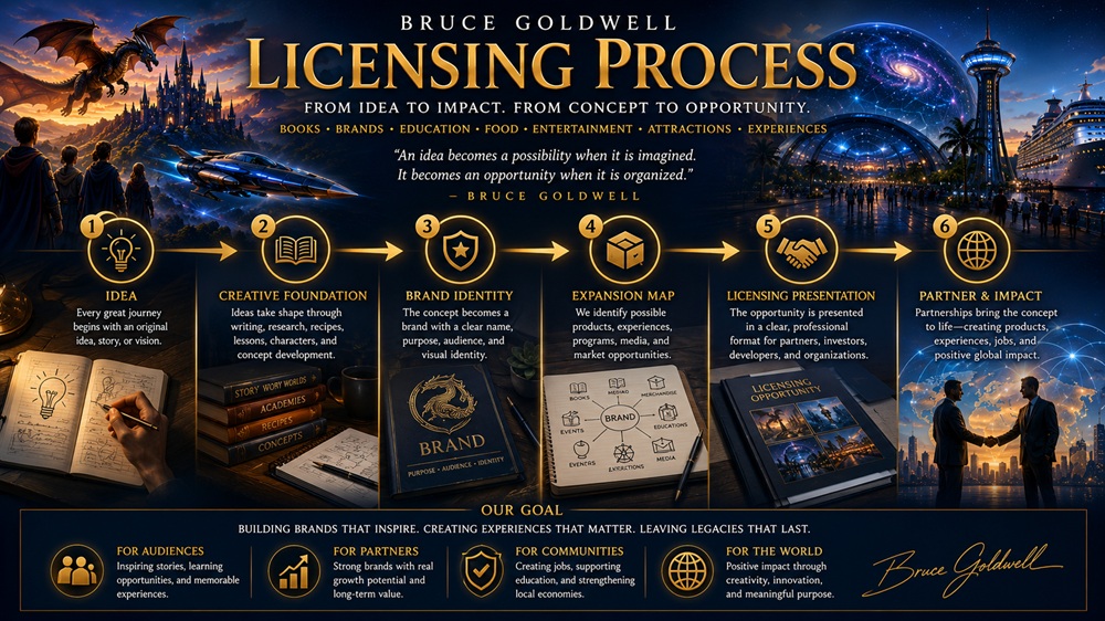 Bruce Goldwell Licensing Process showing ideas becoming books, brands, products, experiences, partnerships, and global opportunities