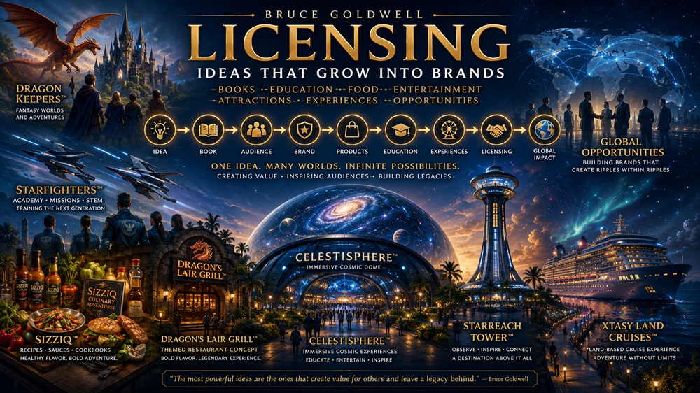 Bruce Goldwell Licensing showing ideas growing into books, brands, products, education, attractions, entertainment experiences, and global opportunities