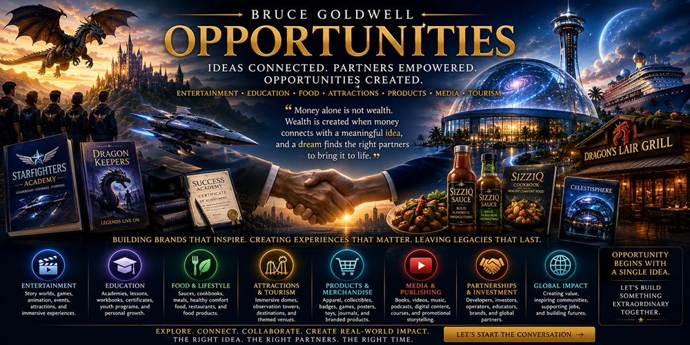 Bruce Goldwell Licensing Opportunities showing entertainment, education, food, attractions, tourism, products, partners, investors, and global expansion