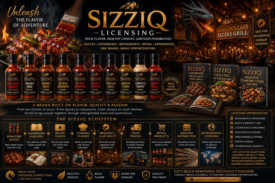 SizziQ Licensing featuring signature sauces, cookbooks, healthy comfort food, Dragon's Lair Grill and culinary licensing opportunities