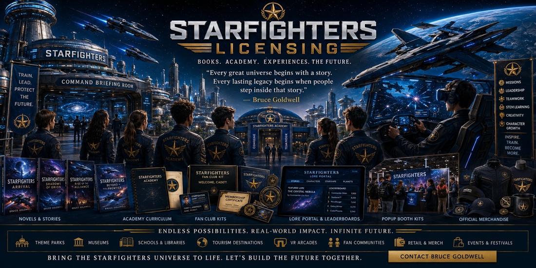 Starfighters Licensing showing cadets, starships, Starfighters Academy, VR training, command briefing rooms, sci-fi education, merchandise, and immersive fan experiences