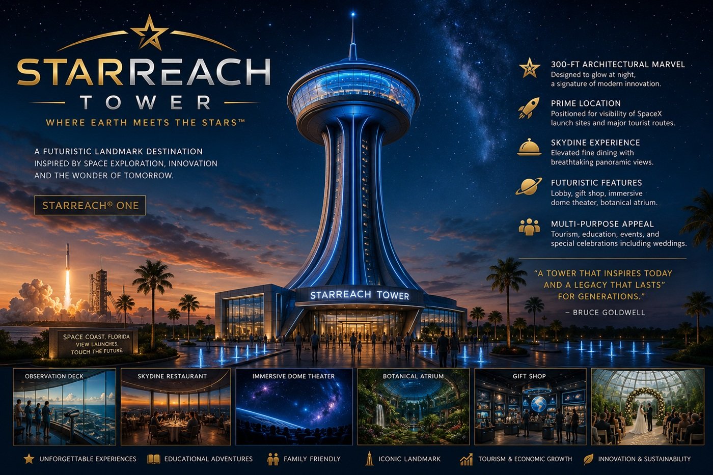 StarReach Tower licensing showing a futuristic observation tower, panoramic skydeck, Space Coast views, SkyDine restaurant, immersive dome theater, botanical atrium, weddings, events, tourism, and development opportunities