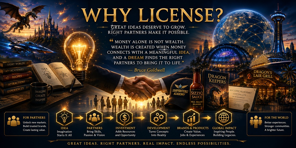 Why license Bruce Goldwell creative intellectual property showing ideas, investors, partners, brands, products, attractions, education, and global opportunities