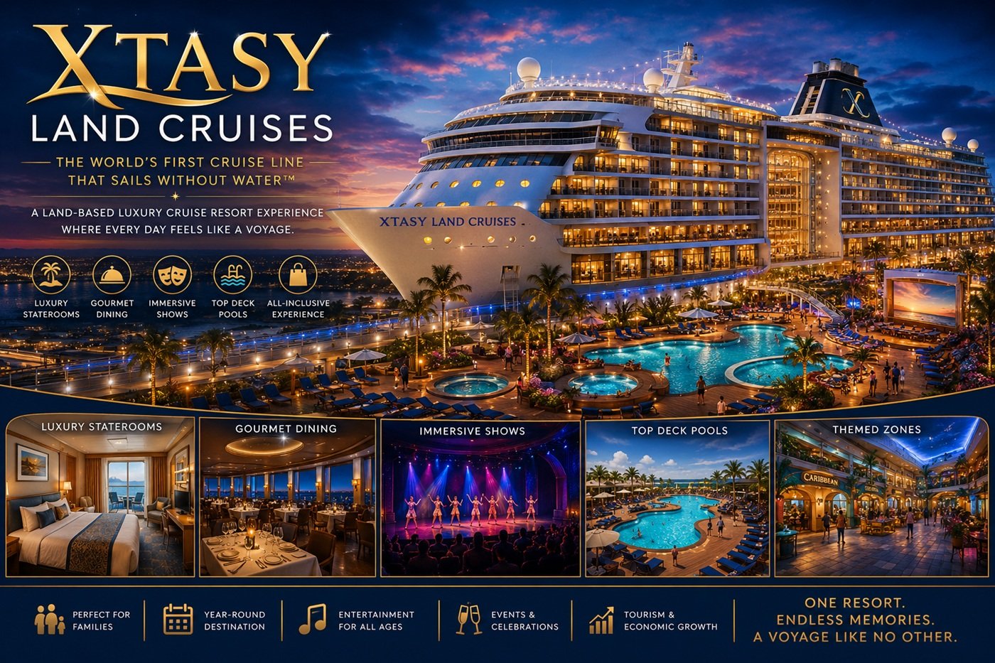 Xtasy Land Cruises licensing showing a land-based luxury cruise ship resort with pools, staterooms, dining, shows, entertainment, themed zones, tourism, and resort development opportunities