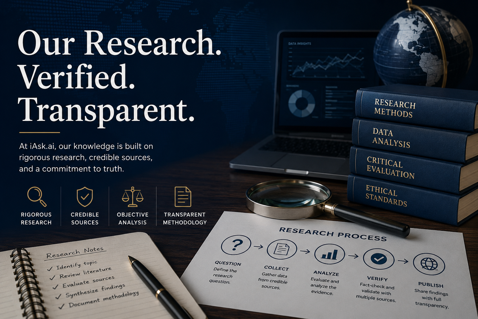 Research desk with books, data analysis, a magnifying glass, and a documented verification process