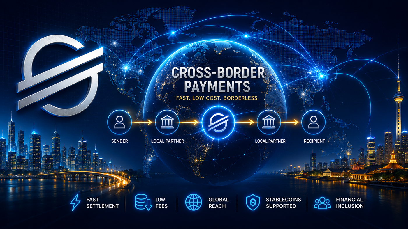 Cross-border payments on Stellar showing global money movement, stablecoins, anchors, and wallets