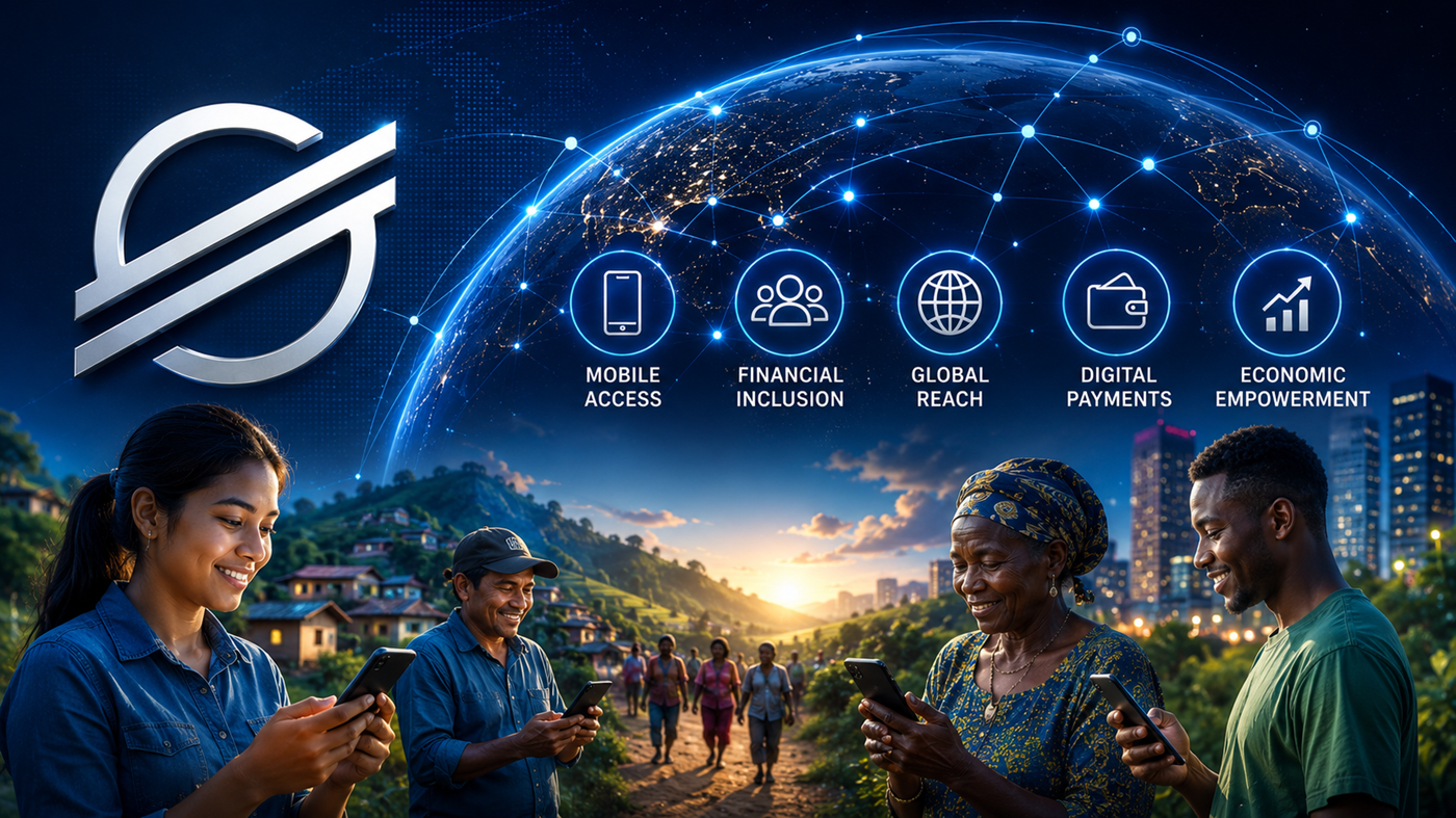 Financial inclusion on Stellar showing mobile wallets, stablecoins, remittances, and global access