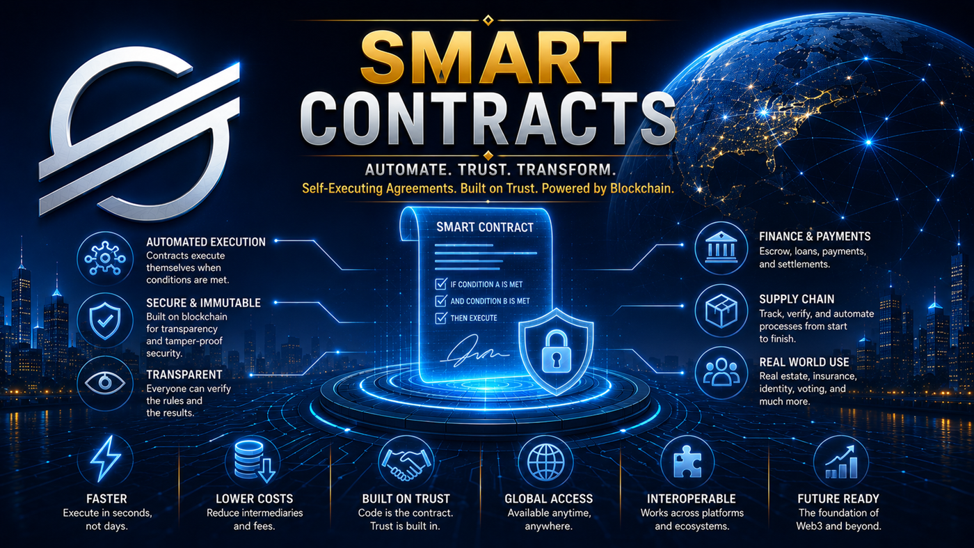 Smart contracts on Stellar showing Soroban, automation, tokenization, stablecoins, and digital finance