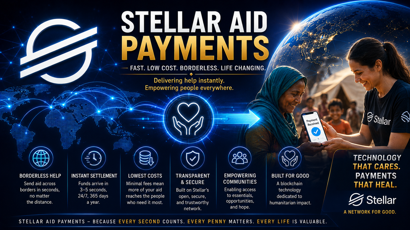 Stellar aid payments showing humanitarian support, stablecoins, digital wallets, and financial access