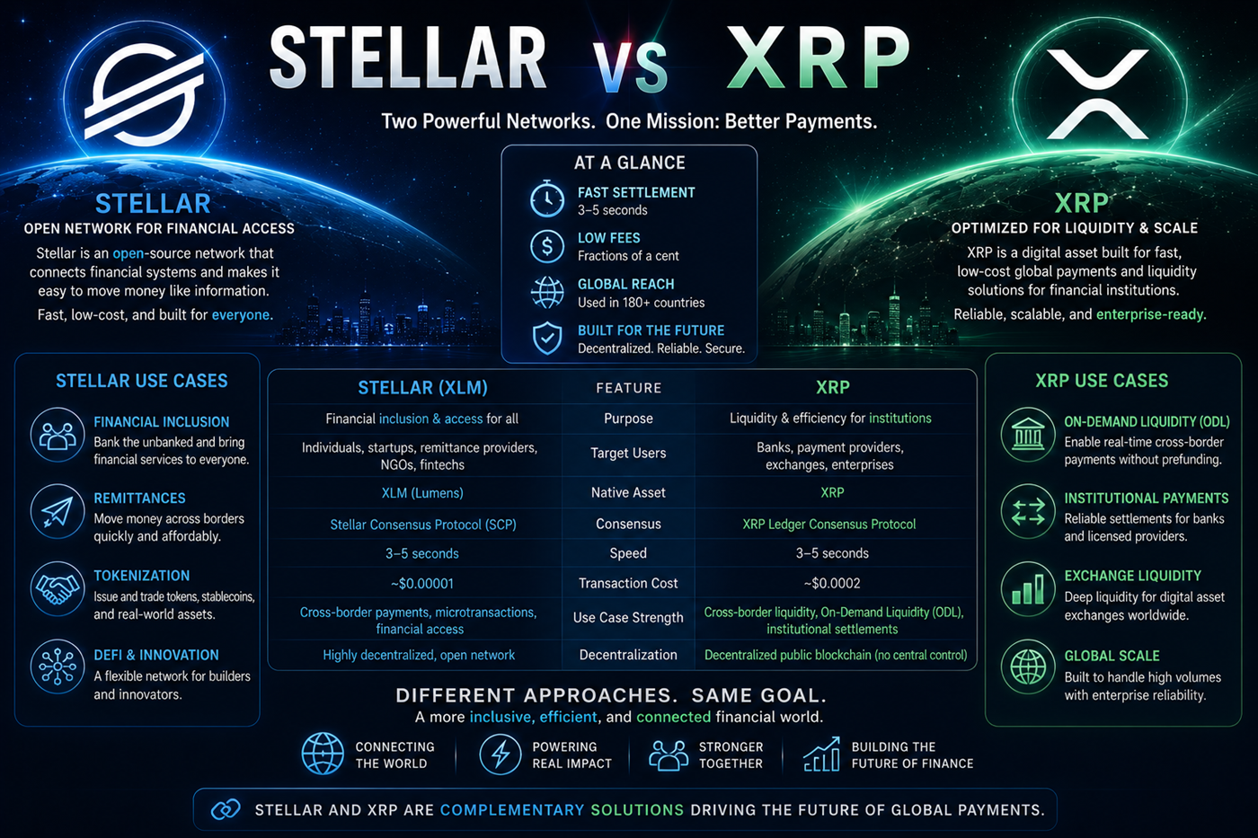 Stellar XLM and XRP comparison showing financial inclusion, institutional liquidity, stablecoins, and global payments