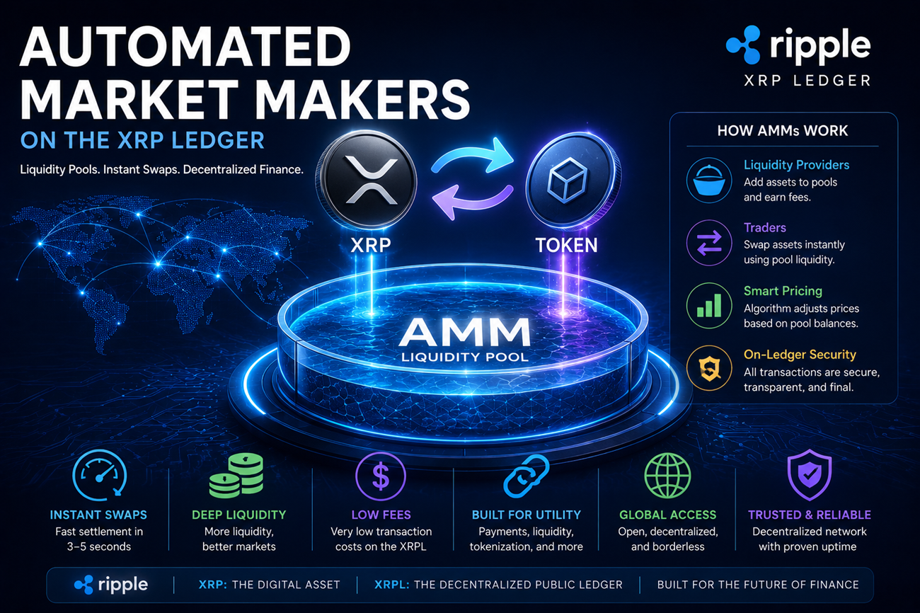 Automated Market Makers on the XRP Ledger showing liquidity pools, swaps, and XRP utility