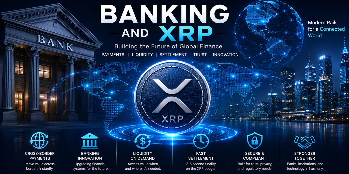 Banking and XRP hero image showing banks, XRP, payment rails, liquidity, settlement, and digital finance networks
