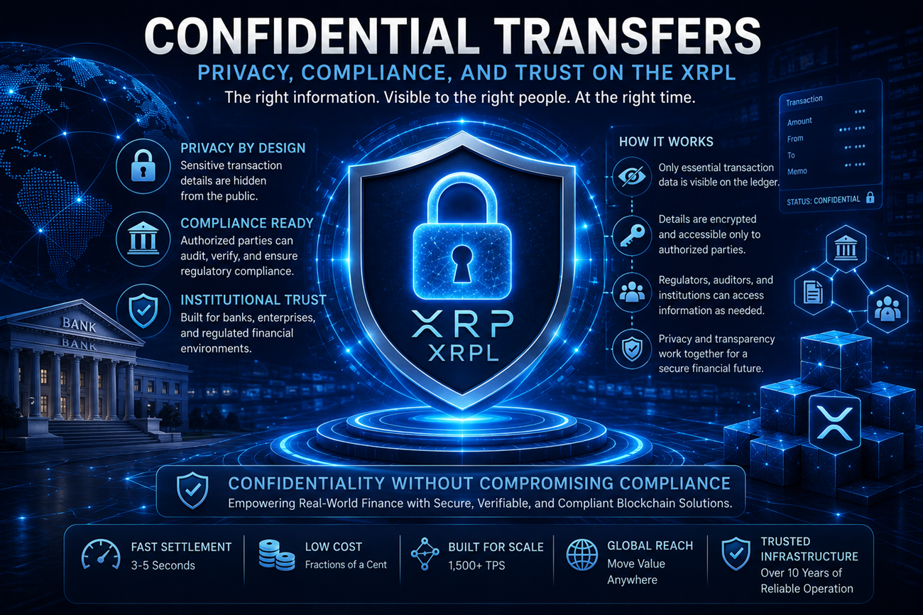 Confidential transfers on the XRP Ledger showing privacy, compliance, secure settlement, and institutional finance