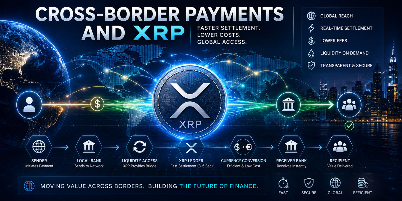 Cross-border payments and XRP hero image showing global financial rails, international transfers, liquidity, and digital settlement