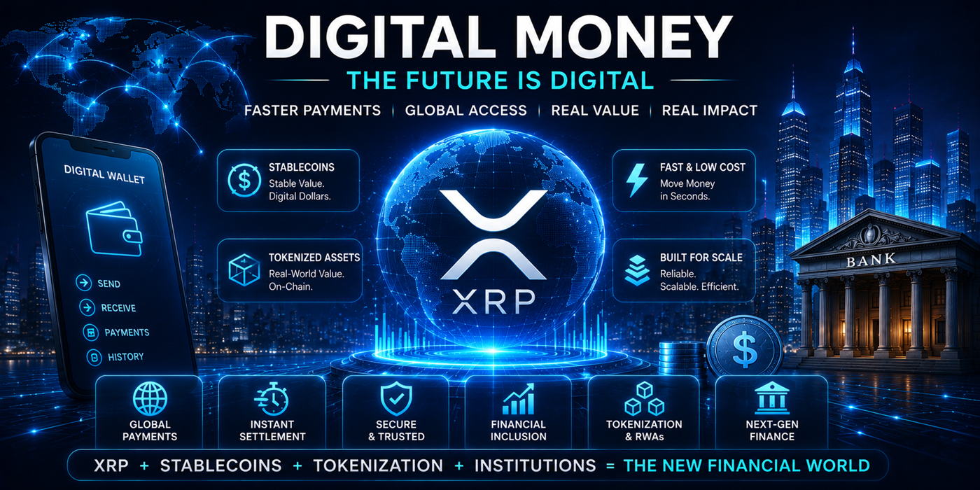 Digital money and XRP hero image showing future finance, digital payments, stablecoins, tokenization, XRP, and global financial rails
