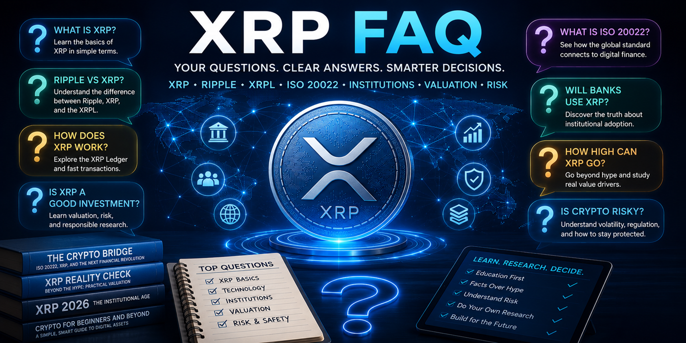 XRP FAQ hero image showing questions about XRP, Ripple, XRPL, ISO 20022, valuation, and digital finance