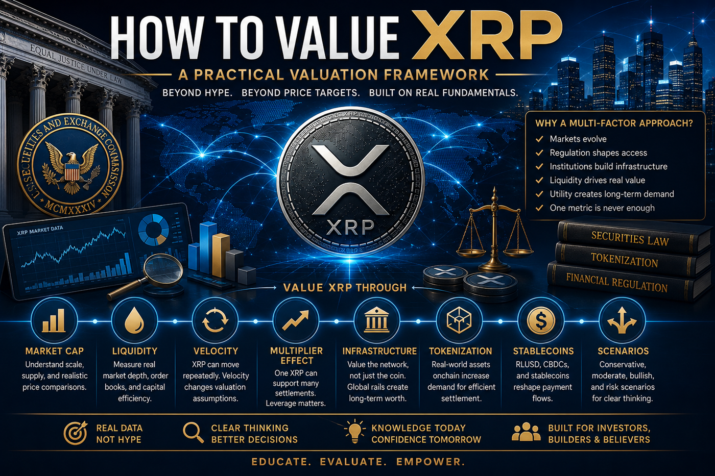How to value XRP using market cap, liquidity, velocity, adoption, regulation, tokenization, and practical valuation frameworks