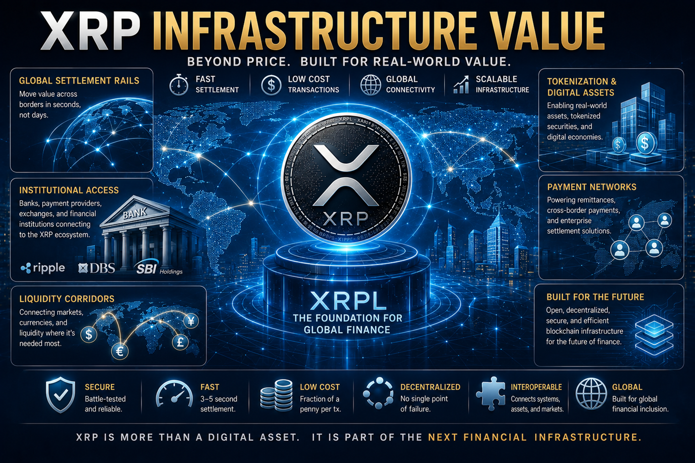XRP infrastructure value showing global settlement rails, financial institutions, payment networks, tokenization, liquidity corridors, and XRPL architecture