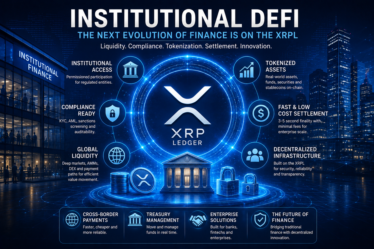Institutional DeFi on the XRP Ledger showing compliance, liquidity, tokenized assets, and regulated finance