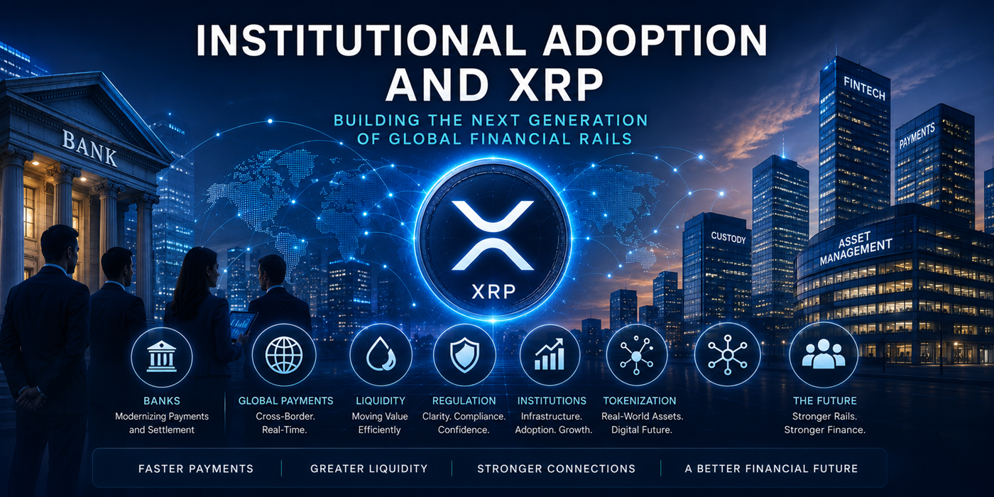 Institutional adoption and XRP hero image showing banks, digital financial rails, liquidity, XRP, and global payment networks