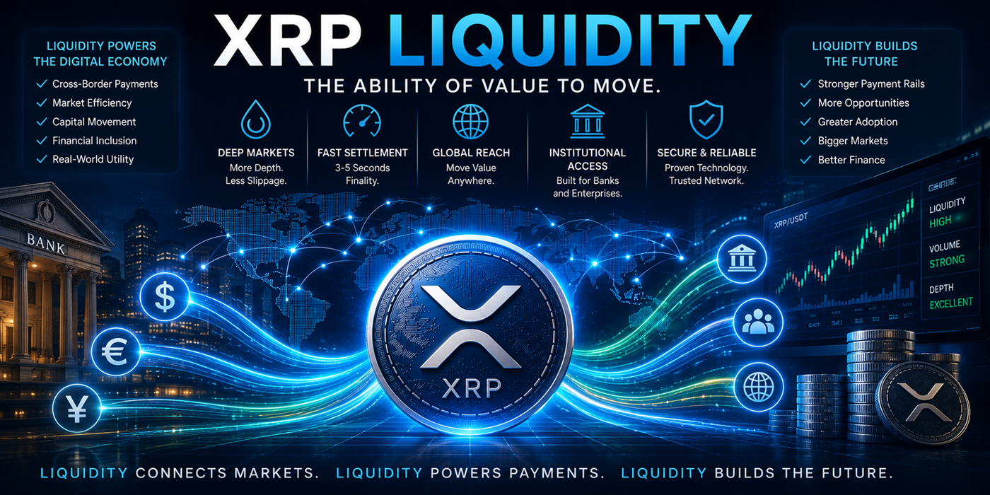XRP liquidity hero image showing flowing digital value, market depth, global payment rails, and financial networks