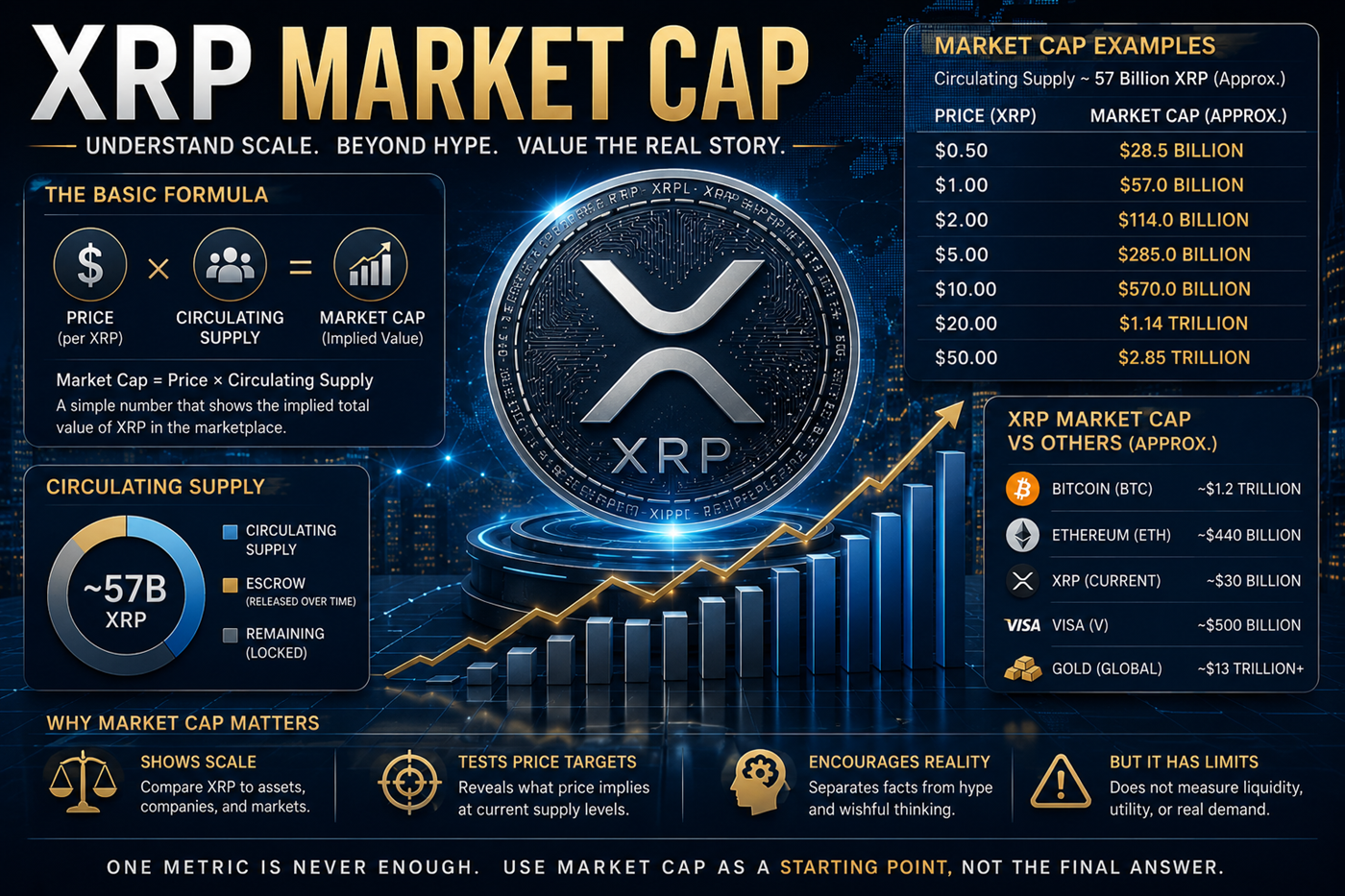 XRP market cap valuation framework with supply, price, liquidity, adoption, and institutional finance concepts