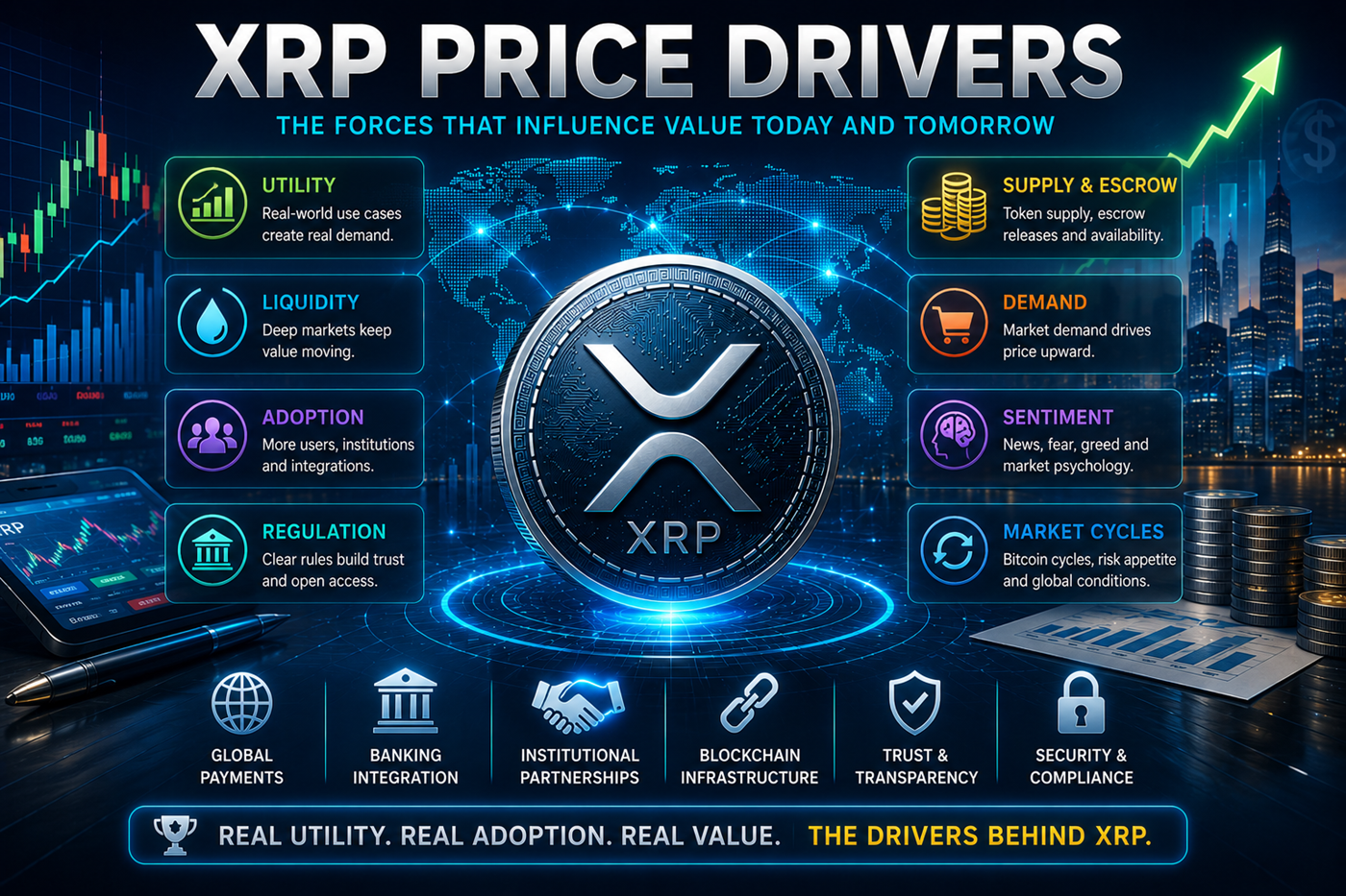 XRP price drivers hero image showing market data, utility, liquidity, adoption, regulation, supply, demand, and digital finance