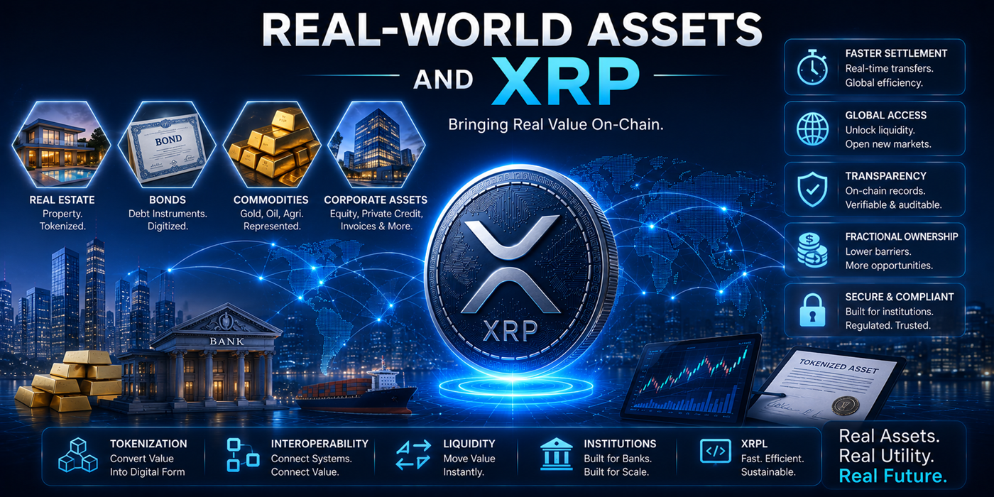 Real-world assets and XRP hero image showing tokenized real estate, bonds, commodities, financial assets, XRP, and digital finance rails