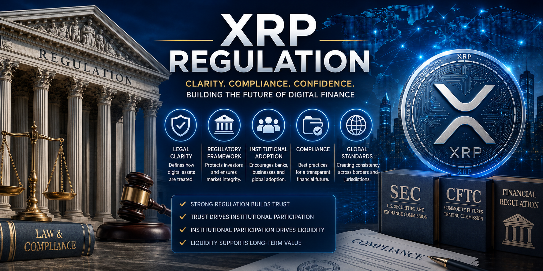 XRP regulation hero image showing courthouse, digital finance, legal clarity, XRP and blockchain