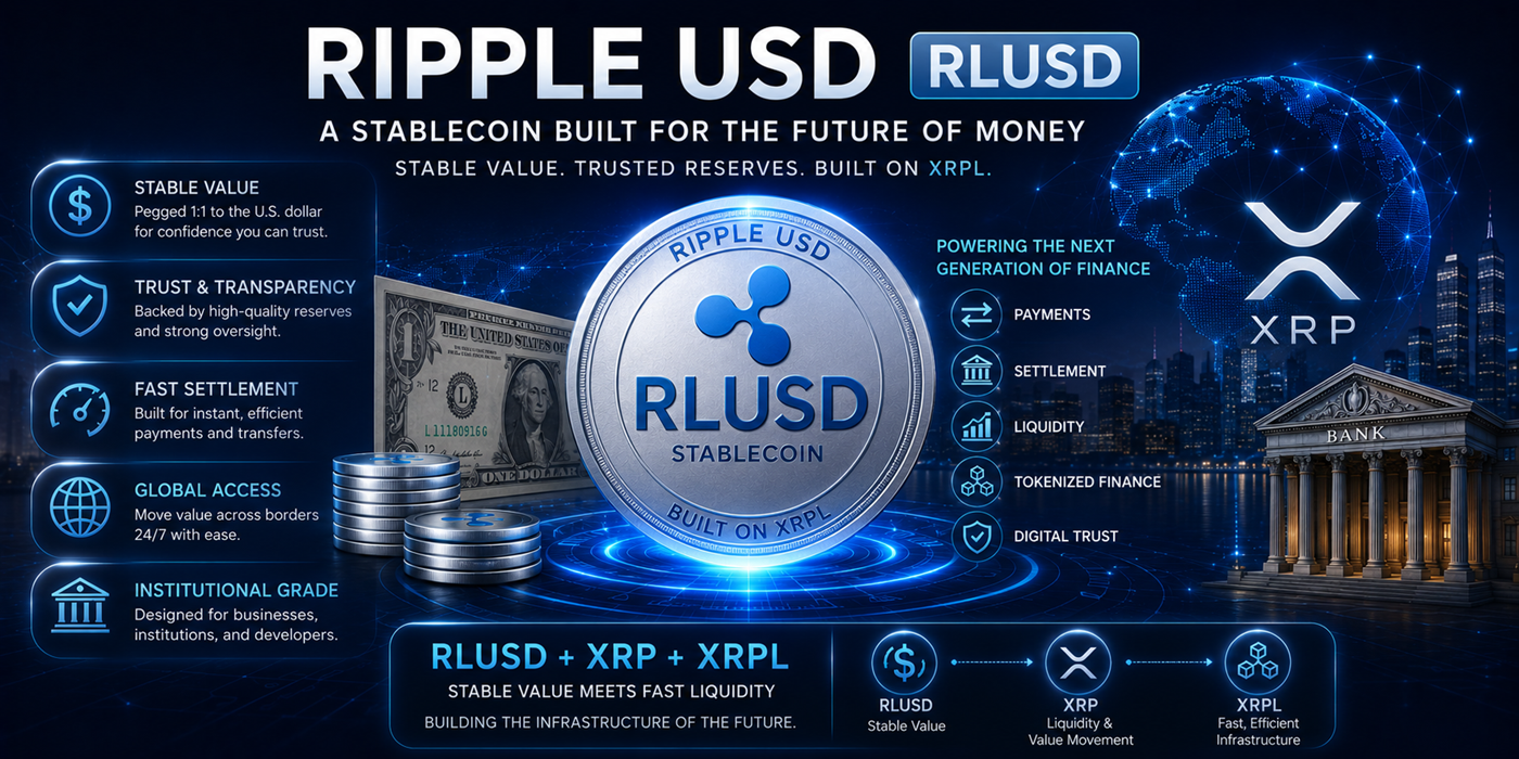 Ripple USD and RLUSD hero image showing stablecoins, XRP, digital dollars, liquidity, payments, and institutional finance