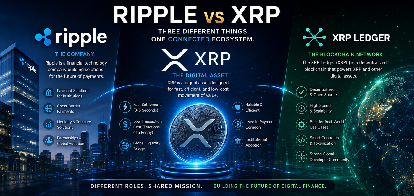 Ripple vs XRP educational hero image showing Ripple company, XRP digital asset, and XRP Ledger network