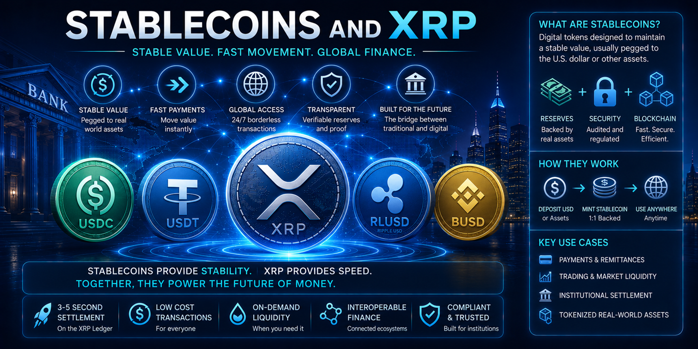 Stablecoins and XRP hero image showing digital dollars, XRP, RLUSD, liquidity, payments, and future finance