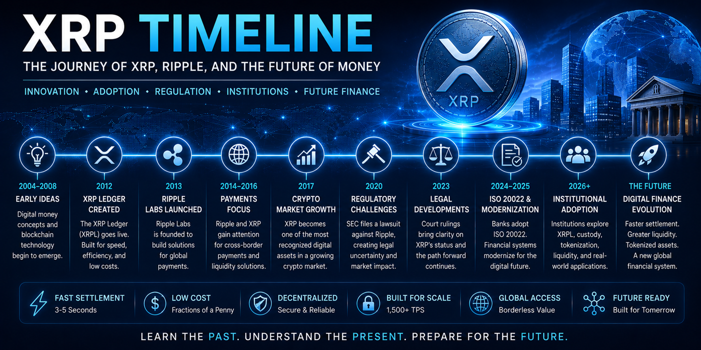 XRP timeline hero image showing digital finance milestones, XRP Ledger, Ripple, regulation, ISO 20022, and future money