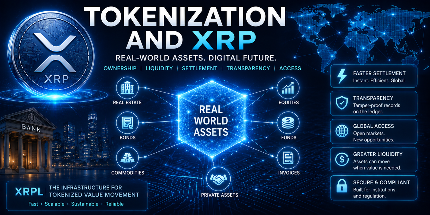 Tokenization and XRP hero image showing real-world assets, digital tokens, blockchain rails, XRP, and institutional finance