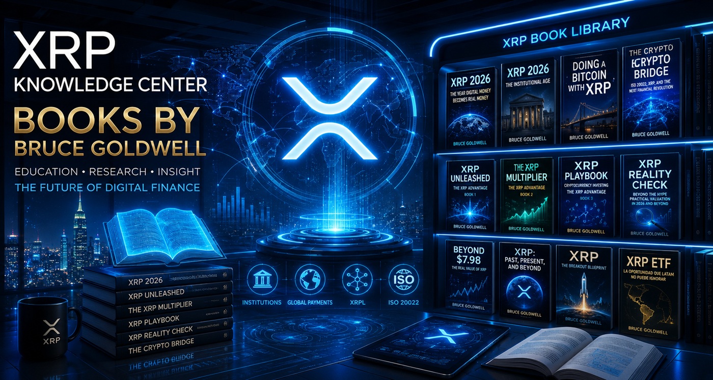 Bruce Goldwell XRP books displayed in a futuristic digital finance library