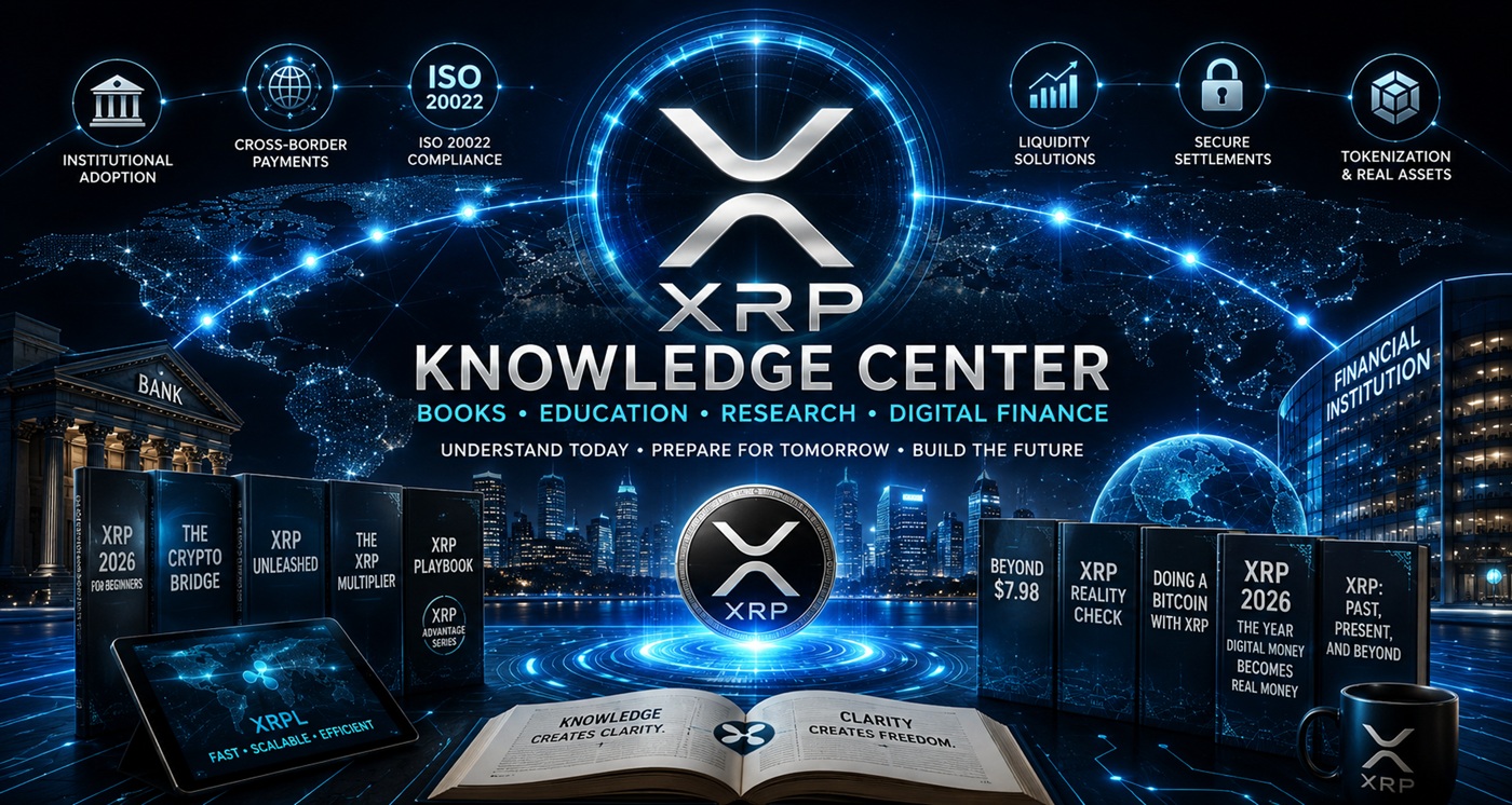 XRP Knowledge Center showing digital finance, books, XRP, blockchain, banking, and institutional adoption