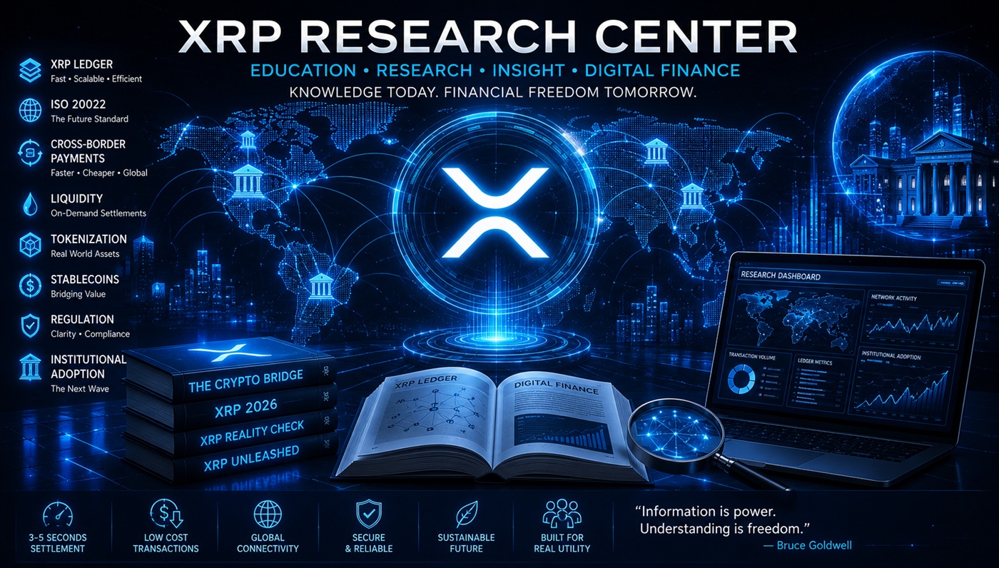 XRP Research Center with digital finance dashboards, blockchain data, XRP Ledger, and global financial network