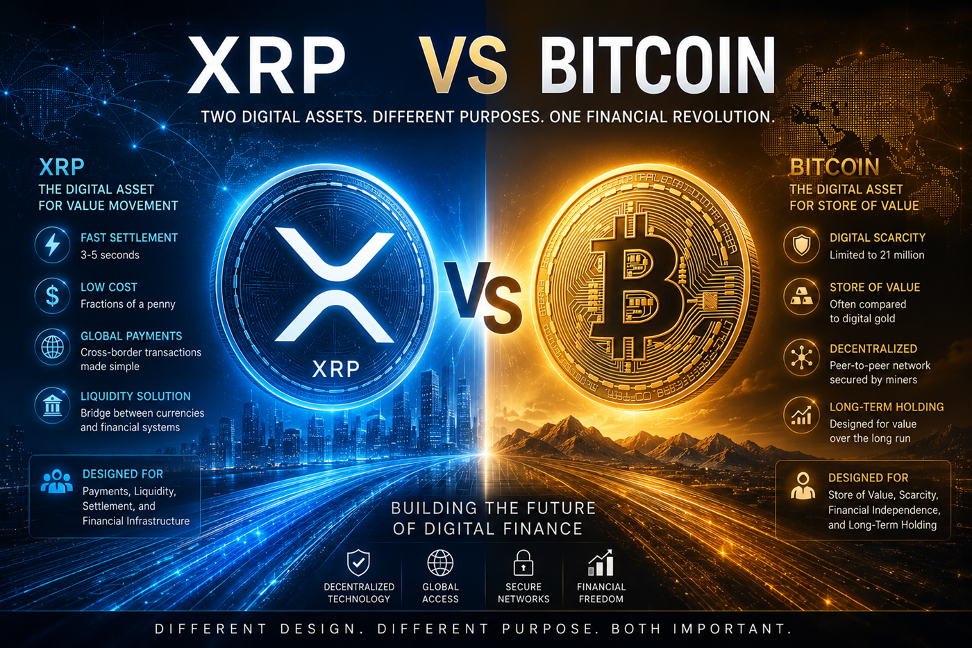 XRP vs Bitcoin comparison showing digital payments, digital gold, blockchain networks, and future finance