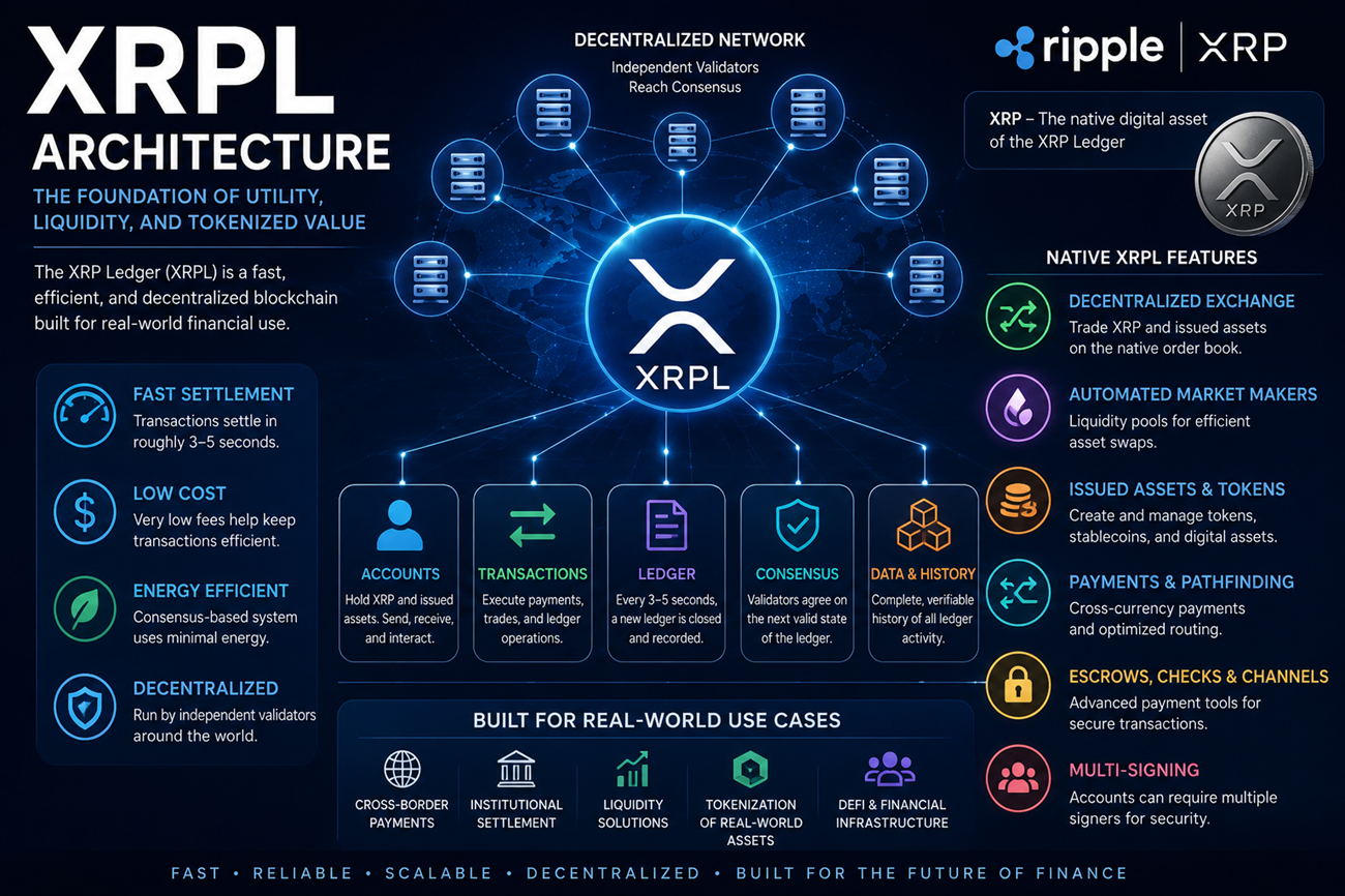 XRPL architecture showing validators, accounts, transactions, liquidity, and tokenized value