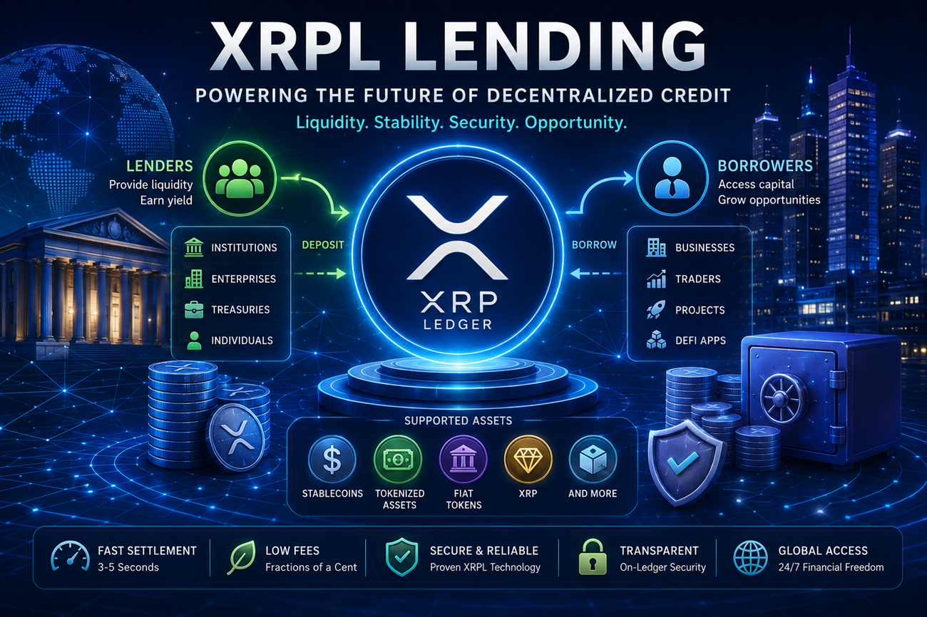 XRPL lending showing tokenized credit, institutional DeFi, stablecoins, liquidity, and secure settlement
