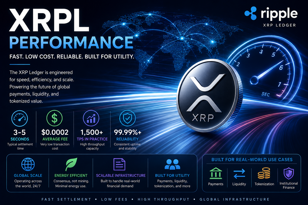 XRPL performance showing fast settlement, low fees, scalability, and global payment infrastructure